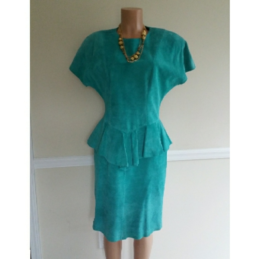 Vintage Teal Suede Peplum Dress